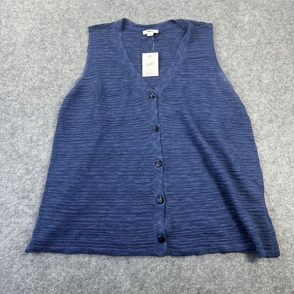 J Jill Sweater Vest Womens Medium Blue V Neck Button Front Knit Collarless